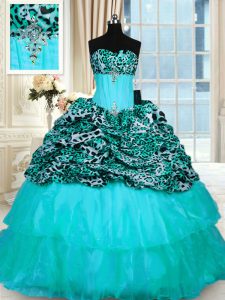 Printed Aqua Blue Sleeveless Beading and Ruffled Layers Lace Up Sweet 16 Quinceanera Dress