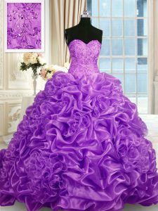 Fuchsia Quinceanera Gown Military Ball and Sweet 16 and Quinceanera with Beading and Pick Ups Sweetheart Sleeveless Sweep Train Lace Up
