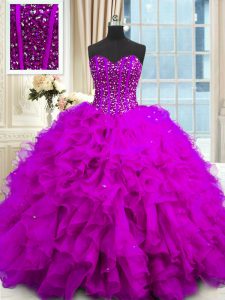 Simple Sequins Sweetheart Sleeveless Lace Up Quinceanera Gowns Purple Organza