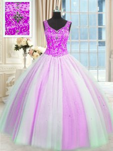 Fashionable Multi-color Ball Gowns Beading and Sequins Quinceanera Gown Lace Up Tulle Sleeveless Floor Length