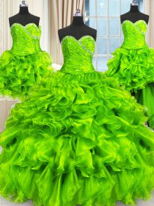 Four Piece Sleeveless Floor Length Beading and Ruffles and Ruching Lace Up Quinceanera Gowns