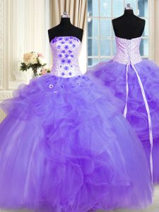 Lavender Tulle Lace Up Quinceanera Dresses Sleeveless Floor Length Pick Ups and Hand Made Flower