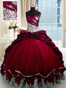 New Style Wine Red Lace Up Quince Ball Gowns Beading and Appliques and Pick Ups Sleeveless With Brush Train