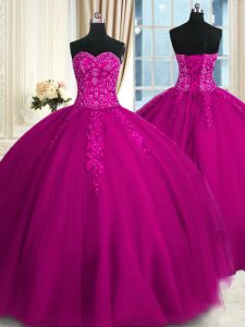 Sweetheart Sleeveless Lace Up Quinceanera Gowns Fuchsia Tulle