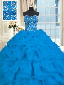 Beading and Ruffles Ball Gown Prom Dress Blue Lace Up Sleeveless With Brush Train