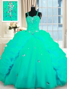 Glorious Turquoise Spaghetti Straps Lace Up Beading and Ruffles Quince Ball Gowns Sweep Train Sleeveless