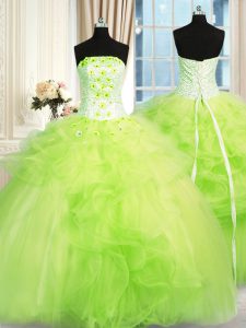 Custom Made Strapless Sleeveless Tulle Vestidos de Quinceanera Beading and Ruffles Lace Up
