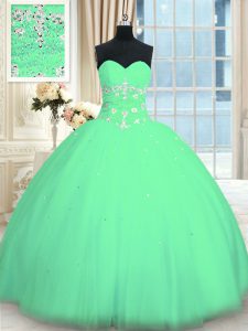 Latest Turquoise Lace Up Quince Ball Gowns Appliques Sleeveless Floor Length