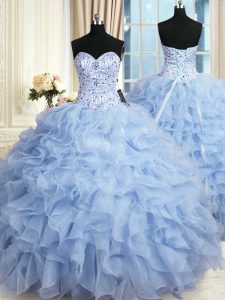 Sumptuous Light Blue Ball Gowns Organza Sweetheart Sleeveless Beading and Ruffles Floor Length Lace Up Quinceanera Gowns