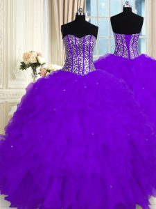 Customized Sleeveless Organza Floor Length Lace Up Quinceanera Gowns in Eggplant Purple with Beading and Ruffles