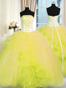 Yellow Green Tulle Lace Up Strapless Sleeveless Floor Length Sweet 16 Quinceanera Dress Beading and Ruffles