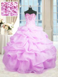 Custom Fit Sweetheart Sleeveless Sweet 16 Quinceanera Dress Floor Length Beading and Ruffles Lilac Organza