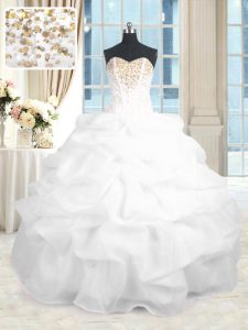 Sleeveless Organza Floor Length Lace Up Quince Ball Gowns in White with Beading and Ruffles