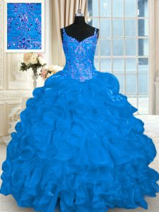 Blue Organza Lace Up Spaghetti Straps Sleeveless Quince Ball Gowns Brush Train Beading and Embroidery and Ruffles and Pick Ups