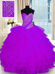 Ruffled Ball Gowns Sweet 16 Dresses Purple Sweetheart Organza Sleeveless Floor Length Lace Up