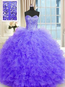 Sophisticated Lavender Tulle Lace Up Strapless Sleeveless Floor Length Quinceanera Gown Beading and Ruffles