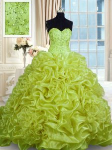 With Train Lace Up Sweet 16 Quinceanera Dress Olive Green for Military Ball and Sweet 16 and Quinceanera with Beading and Pick Ups Sweep Train