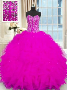 Fancy Fuchsia Vestidos de Quinceanera Military Ball and Sweet 16 and Quinceanera with Beading and Ruffles Strapless Sleeveless Lace Up