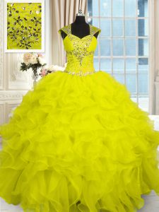 Delicate Yellow Organza Lace Up Straps Cap Sleeves Floor Length Quinceanera Dress Beading and Ruffles