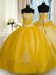Gold Quinceanera Gown Military Ball and Sweet 16 and Quinceanera with Beading and Embroidery Strapless Sleeveless Lace Up