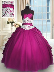 Luxury Fuchsia Ball Gowns Sweetheart Sleeveless Taffeta and Tulle Floor Length Lace Up Beading and Lace and Ruching and Pick Ups 15th Birthday Dress