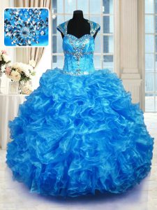 Baby Blue Ball Gowns Beading and Ruffles Sweet 16 Dress Lace Up Organza Cap Sleeves Floor Length