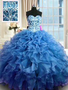 Eye-catching Blue Ball Gowns Organza Sweetheart Sleeveless Beading and Ruffles Floor Length Lace Up Quinceanera Gowns