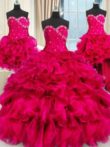 Fashionable Four Piece Sleeveless Organza Floor Length Lace Up Quinceanera Dresses in Hot Pink with Beading and Ruffles and Ruching