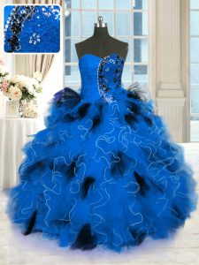 Amazing Blue Ball Gown Prom Dress Military Ball and Sweet 16 and Quinceanera with Beading and Ruffles Strapless Sleeveless Lace Up