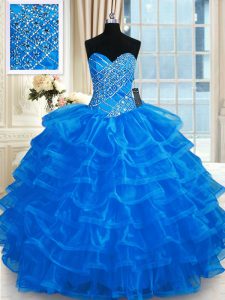 Ruffled Blue Sleeveless Organza Lace Up Quince Ball Gowns for Military Ball and Sweet 16 and Quinceanera