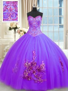 Fashionable Sweetheart Sleeveless Sweet 16 Dresses Floor Length Beading and Appliques and Embroidery Purple Tulle