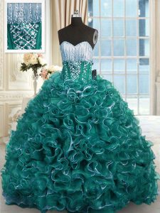 Trendy Turquoise Sleeveless Organza Brush Train Lace Up 15 Quinceanera Dress for Military Ball and Sweet 16 and Quinceanera