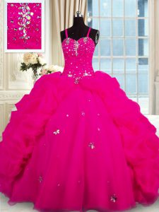 Brush Train Ball Gowns Ball Gown Prom Dress Fuchsia Spaghetti Straps Organza Sleeveless With Train Lace Up