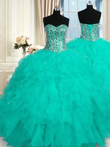 Aqua Blue Sleeveless Beading and Ruffles Floor Length Sweet 16 Dresses