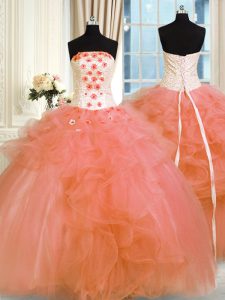 Top Selling Pick Ups Orange Sleeveless Tulle Lace Up Quinceanera Dress for Military Ball and Sweet 16 and Quinceanera