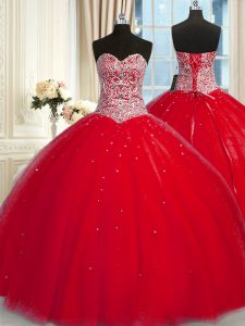 Glorious Red Halter Top Neckline Beading and Sequins 15 Quinceanera Dress Sleeveless Lace Up