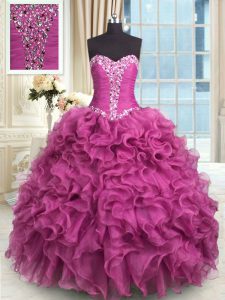 Exquisite Rose Pink Sleeveless Organza Lace Up 15th Birthday Dress for Military Ball and Sweet 16 and Quinceanera