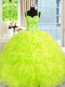 Fitting Yellow Green Sleeveless Organza Lace Up Ball Gown Prom Dress for Military Ball and Sweet 16 and Quinceanera