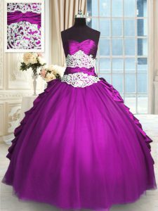 Popular Floor Length Lace Up Quinceanera Dresses Eggplant Purple for Military Ball and Sweet 16 and Quinceanera with Beading and Lace and Ruching and Pick Ups