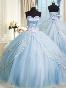 Popular Sweetheart Sleeveless Organza Quince Ball Gowns Beading and Appliques Court Train Lace Up
