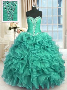 Nice Sweetheart Sleeveless Quinceanera Dresses Floor Length Beading and Ruffles Turquoise Organza
