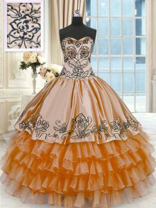 Rust Red Ball Gowns Organza and Taffeta Sweetheart Sleeveless Beading and Embroidery and Ruffled Layers Floor Length Lace Up Quinceanera Dresses
