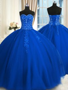 Custom Made Appliques and Embroidery 15th Birthday Dress Blue Lace Up Sleeveless Floor Length