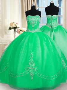 Glamorous Green Ball Gowns Strapless Sleeveless Tulle Floor Length Lace Up Beading and Embroidery Sweet 16 Dress