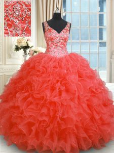 Coral Red V-neck Neckline Beading and Ruffles Quinceanera Dress Sleeveless Zipper