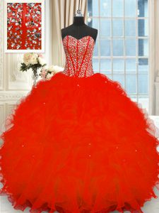 Luxurious Floor Length Red 15th Birthday Dress Organza Sleeveless Beading and Ruffles