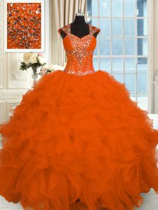Noble Orange Red Cap Sleeves Beading and Ruffles Floor Length Sweet 16 Dresses