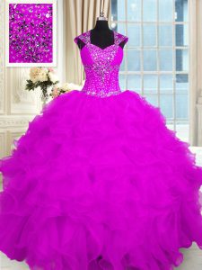 Beauteous Fuchsia Lace Up Sweet 16 Quinceanera Dress Beading and Ruffles Cap Sleeves Floor Length
