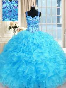 Custom Design Sleeveless Lace Up Floor Length Embroidery and Ruffles 15th Birthday Dress
