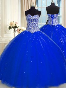 Royal Blue Sleeveless Floor Length Beading and Sequins Backless Ball Gown Prom Dress